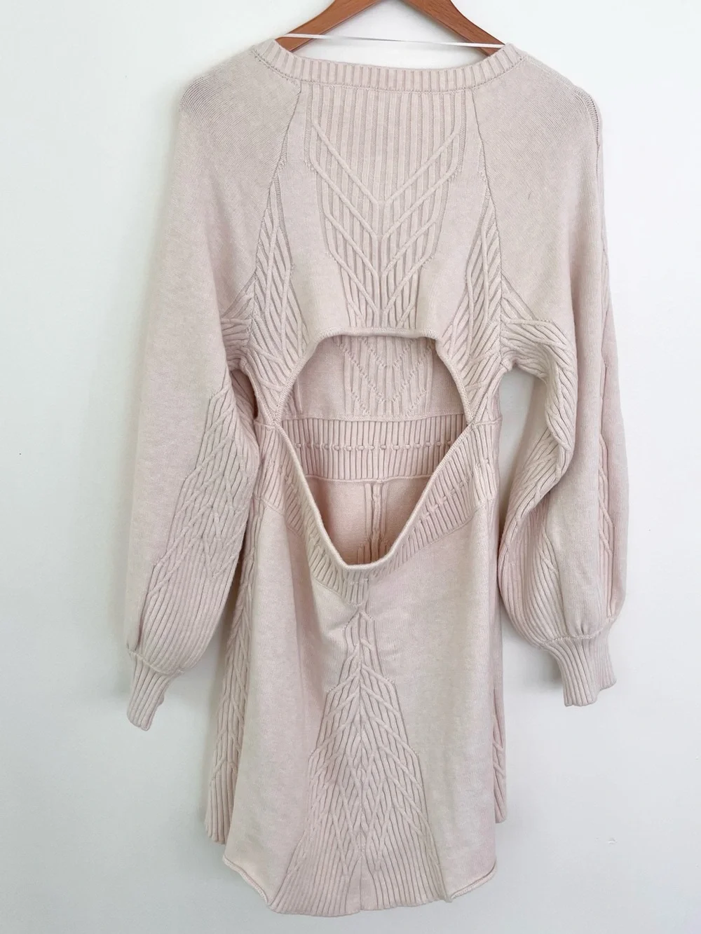 Free People Emmaline Mini Sweater Dress in Ivory Cream L Large Bishop Sleeve